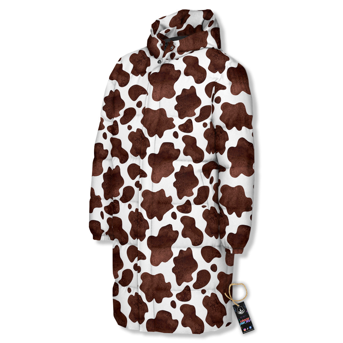 Cow White And Brown Print Long Down Jacket