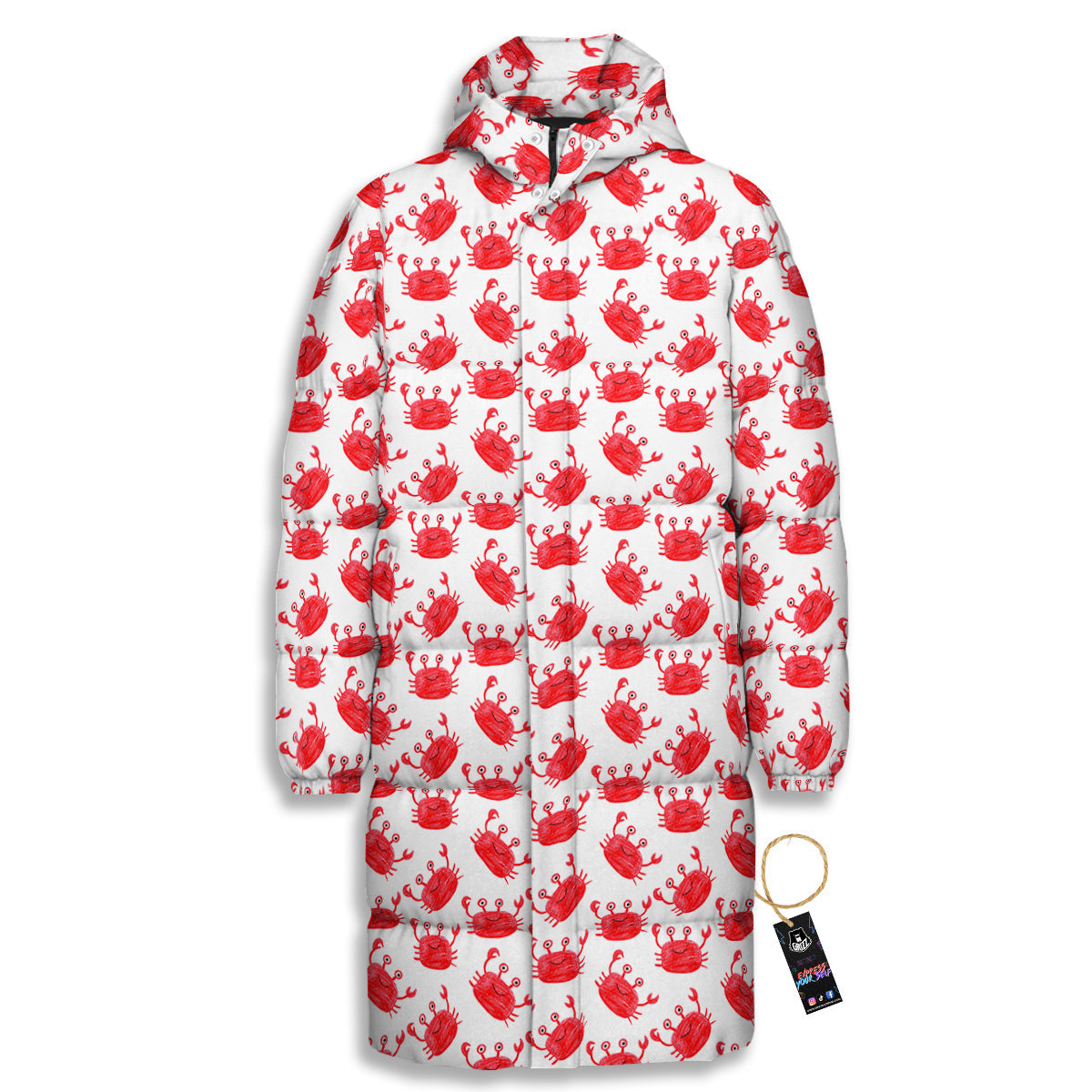 Crab Cute Print Pattern Long Down Jacket-grizzshop