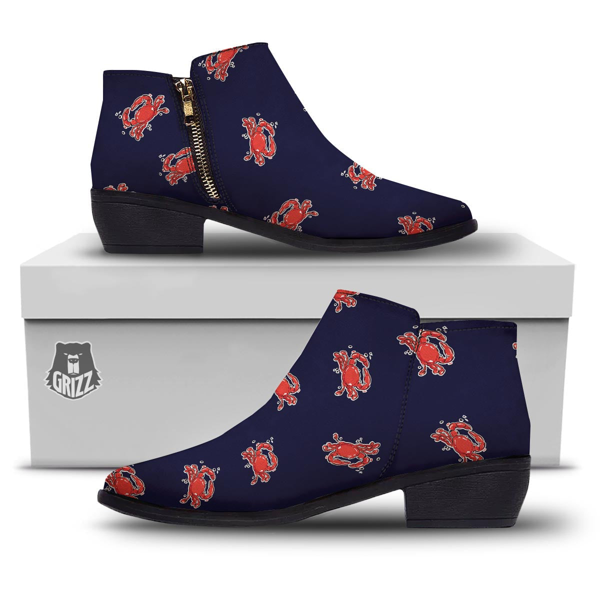 Crab Red Print Pattern Ankle Boots-grizzshop