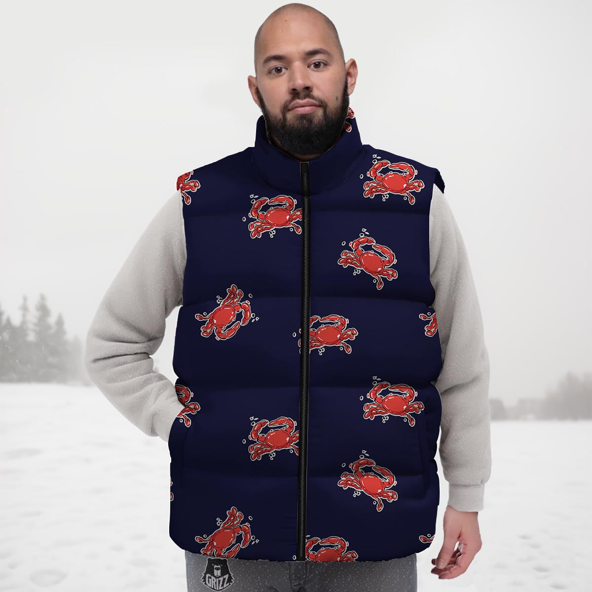 Crab Red Print Pattern Down Vest-grizzshop