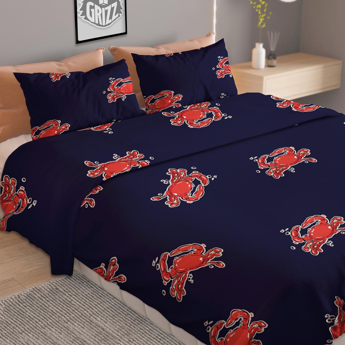 Crab Red Print Pattern Duvet Cover Bedding Set-grizzshop