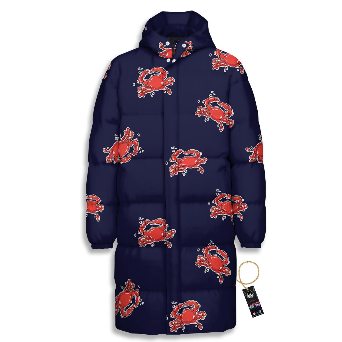 Crab Red Print Pattern Long Down Jacket-grizzshop