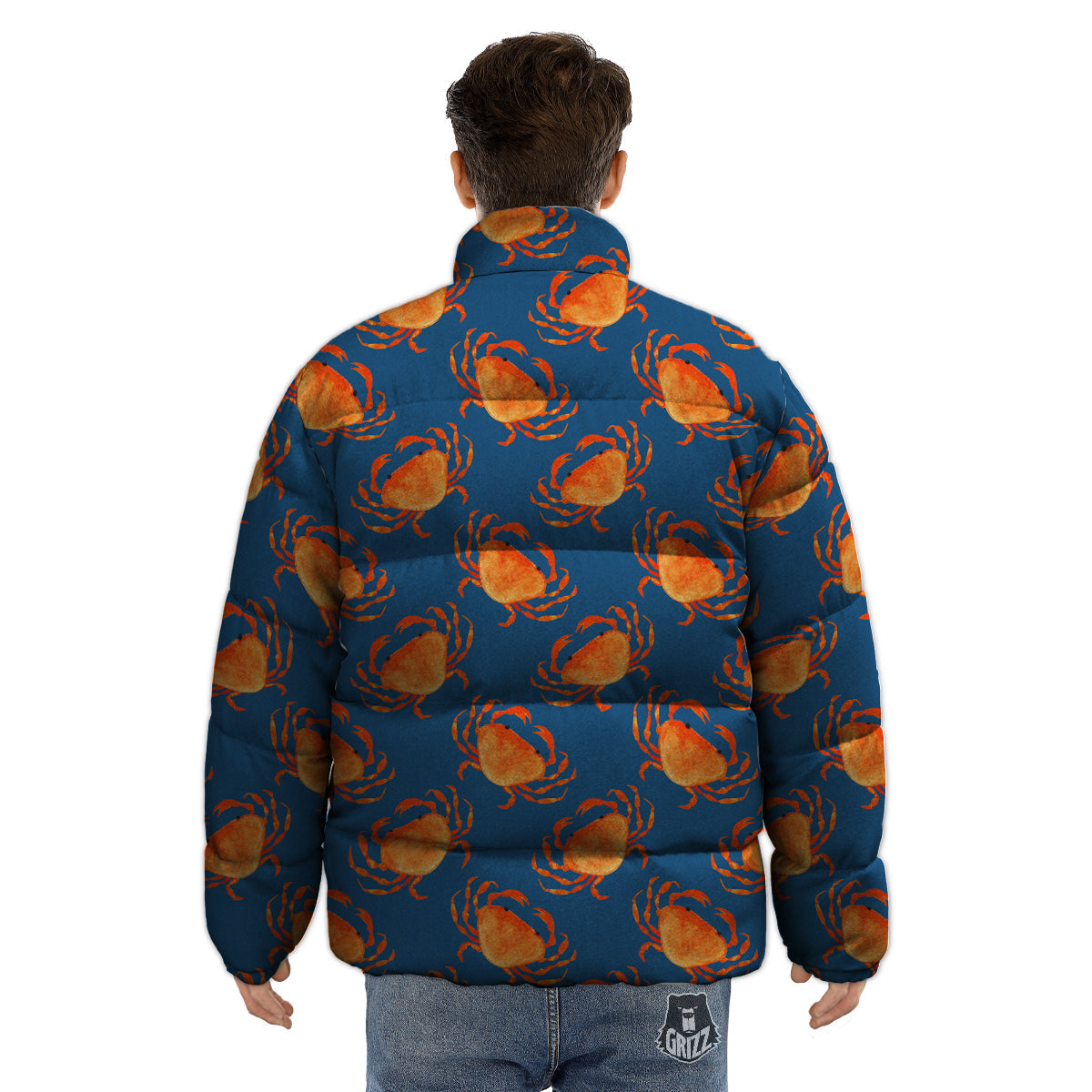 Crab Watercolor Print Pattern Puffer Jacket-grizzshop