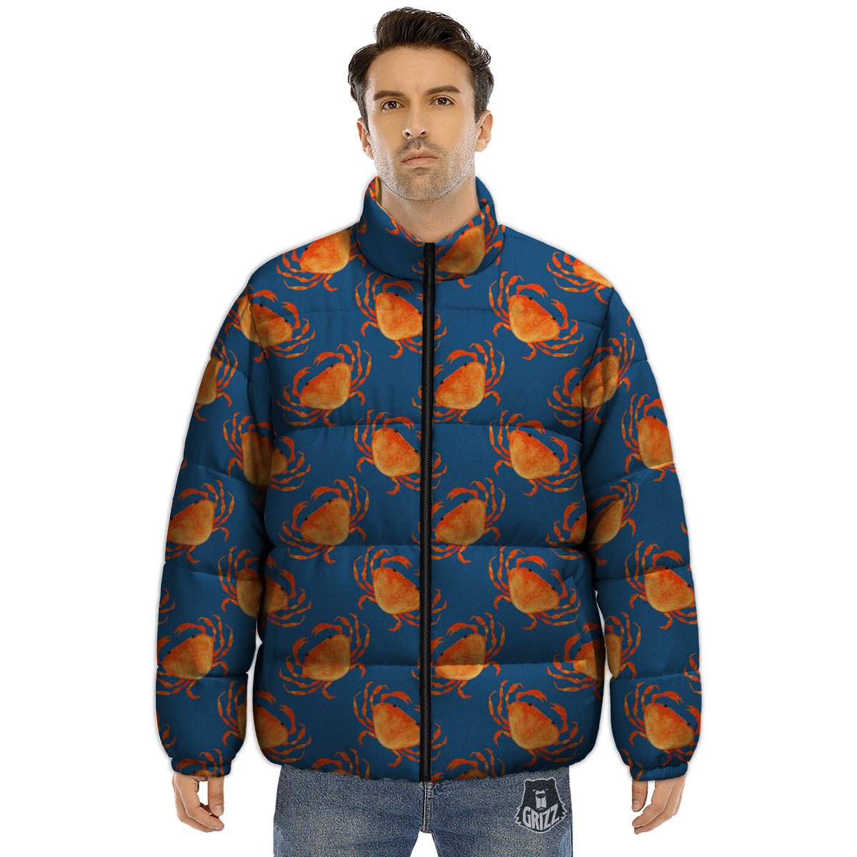 Crab Watercolor Print Pattern Puffer Jacket-grizzshop