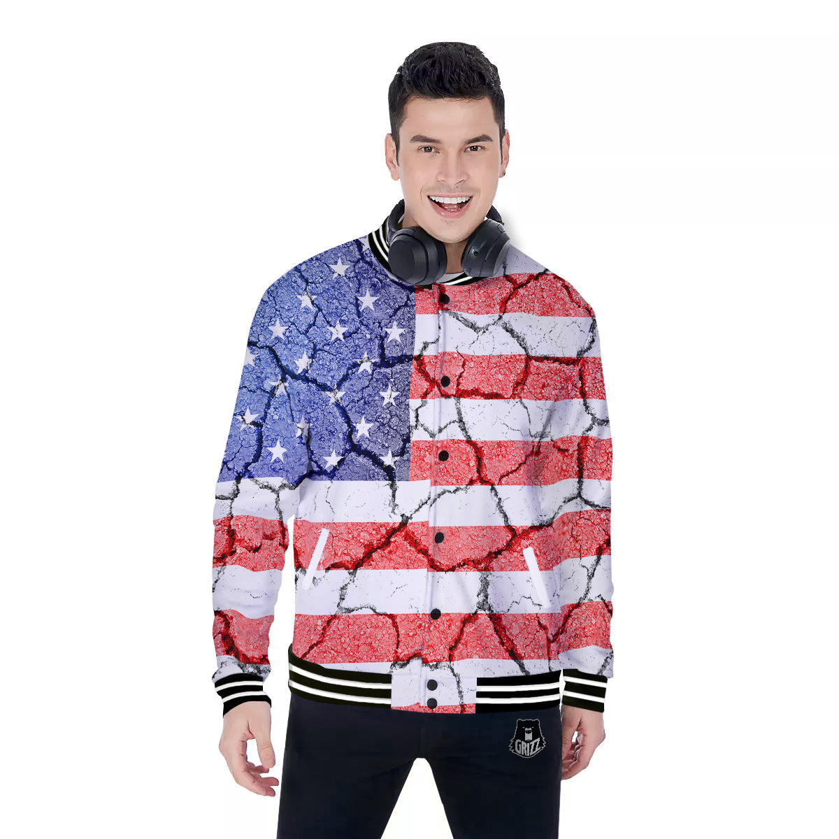 Cracked Flag American Print Baseball Jacket-grizzshop