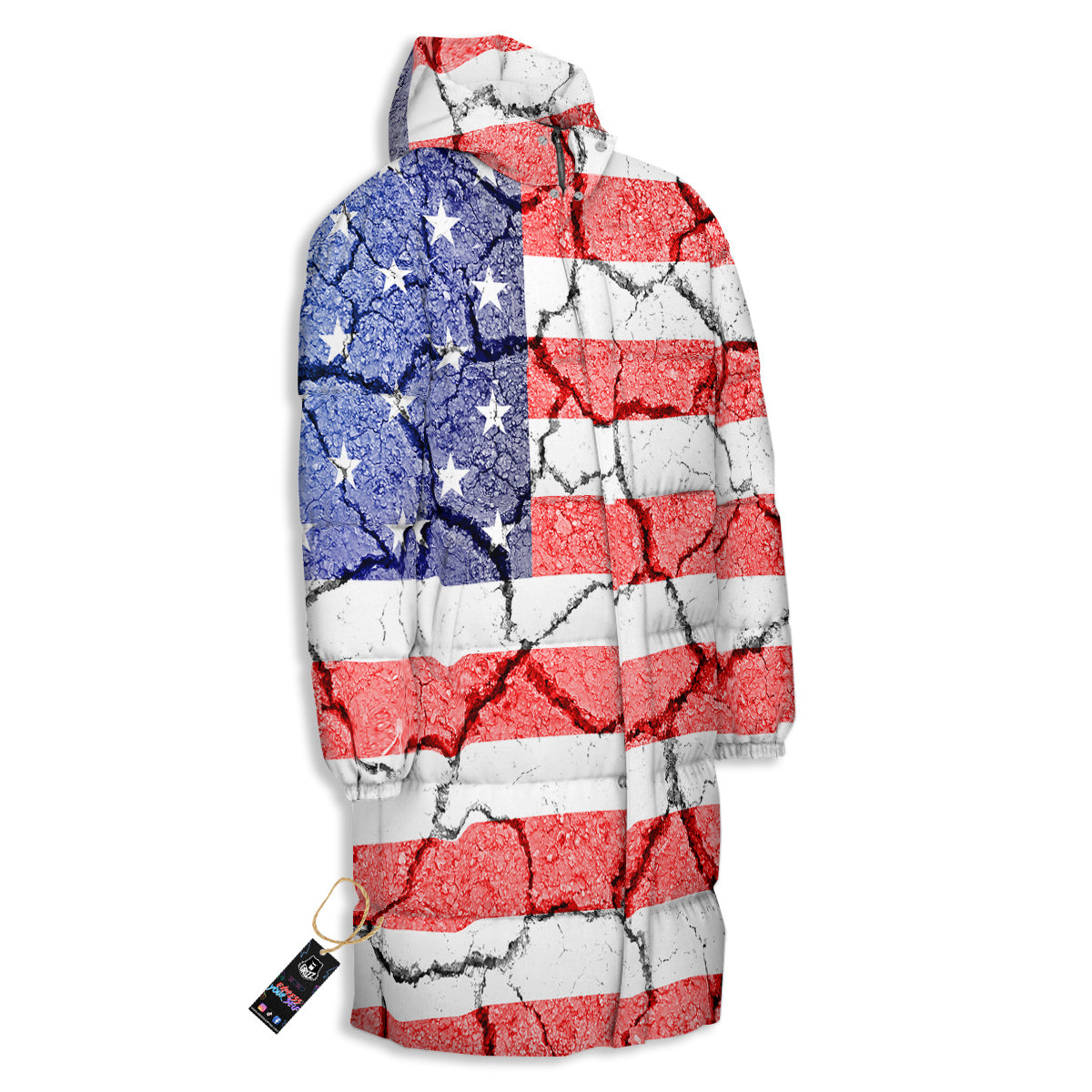 Cracked Flag American Print Long Down Jacket-grizzshop