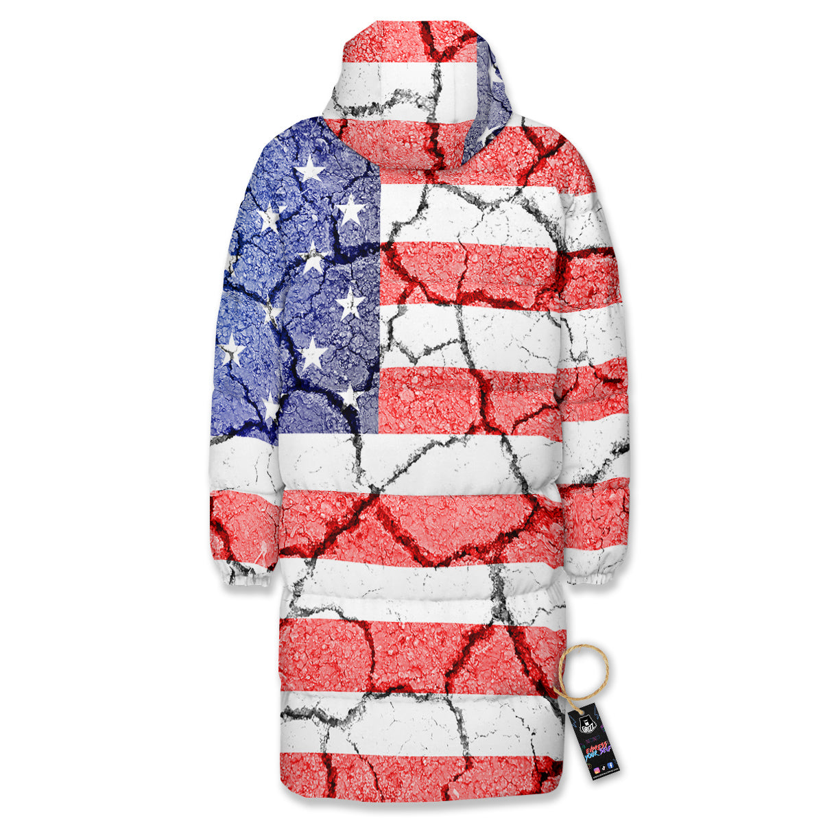 Cracked Flag American Print Long Down Jacket-grizzshop