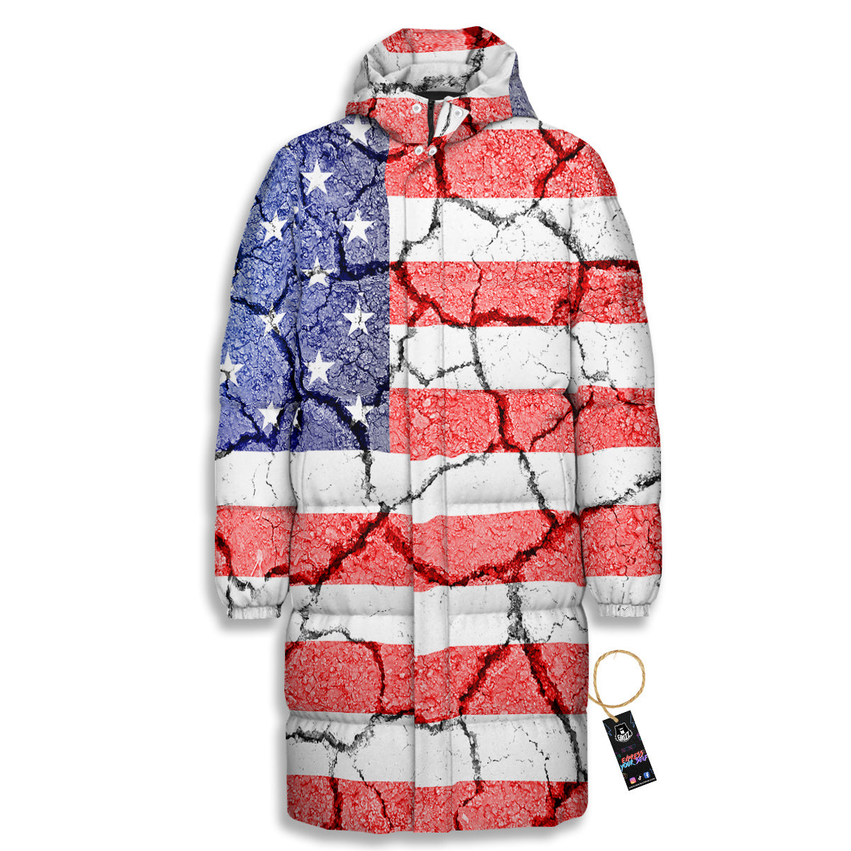 Cracked Flag American Print Long Down Jacket-grizzshop