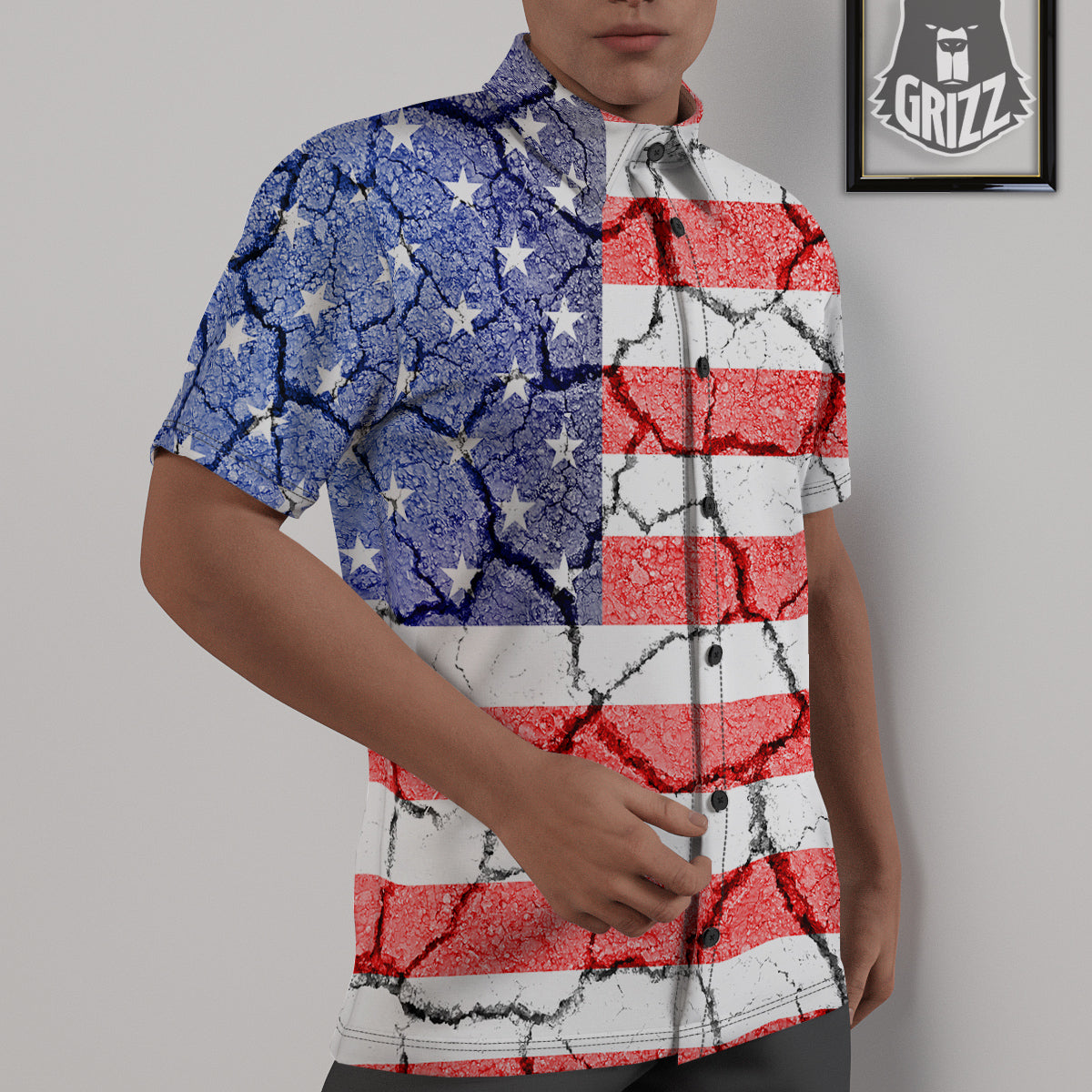 Cracked Flag American Print Untucked Shirts-grizzshop