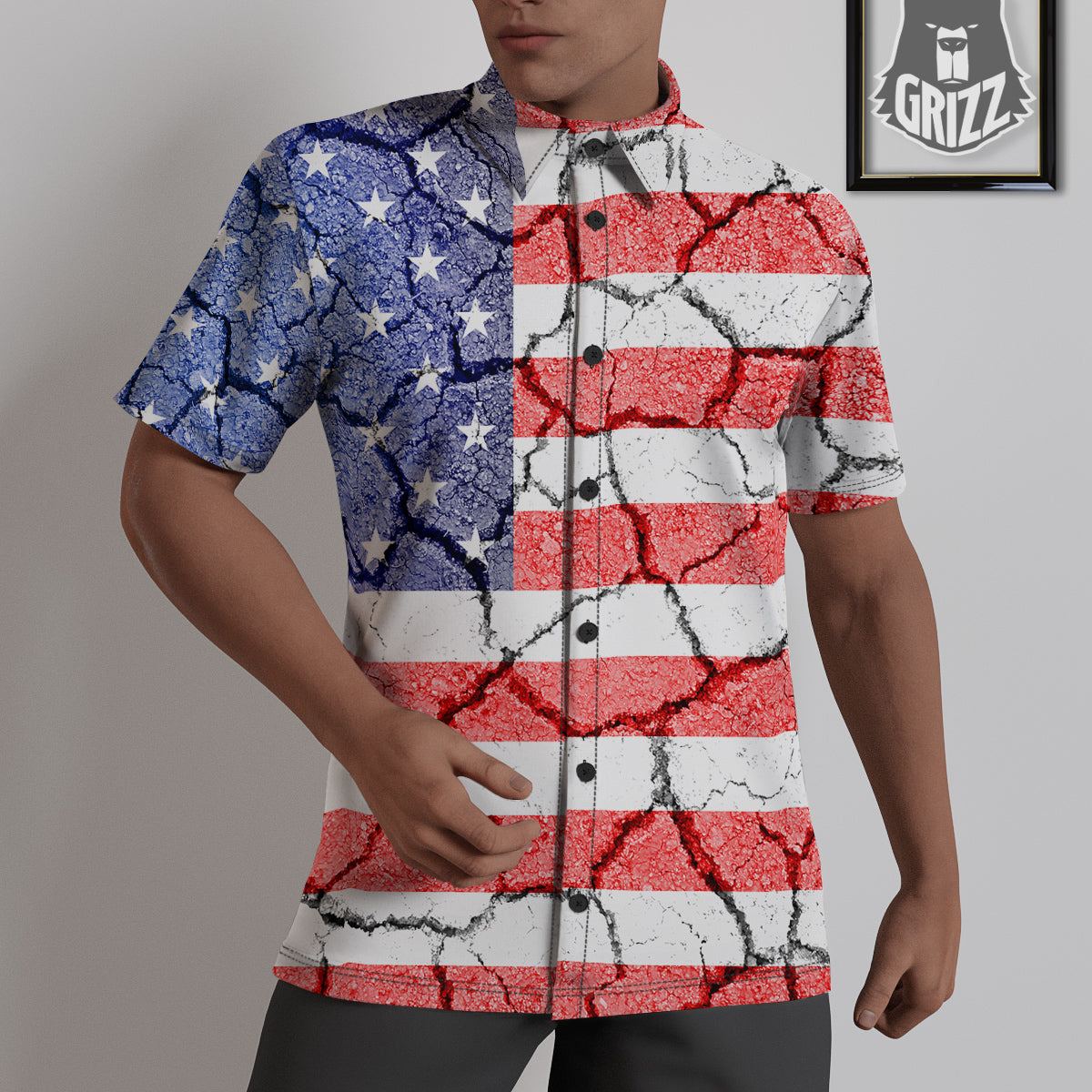 Cracked Flag American Print Untucked Shirts-grizzshop