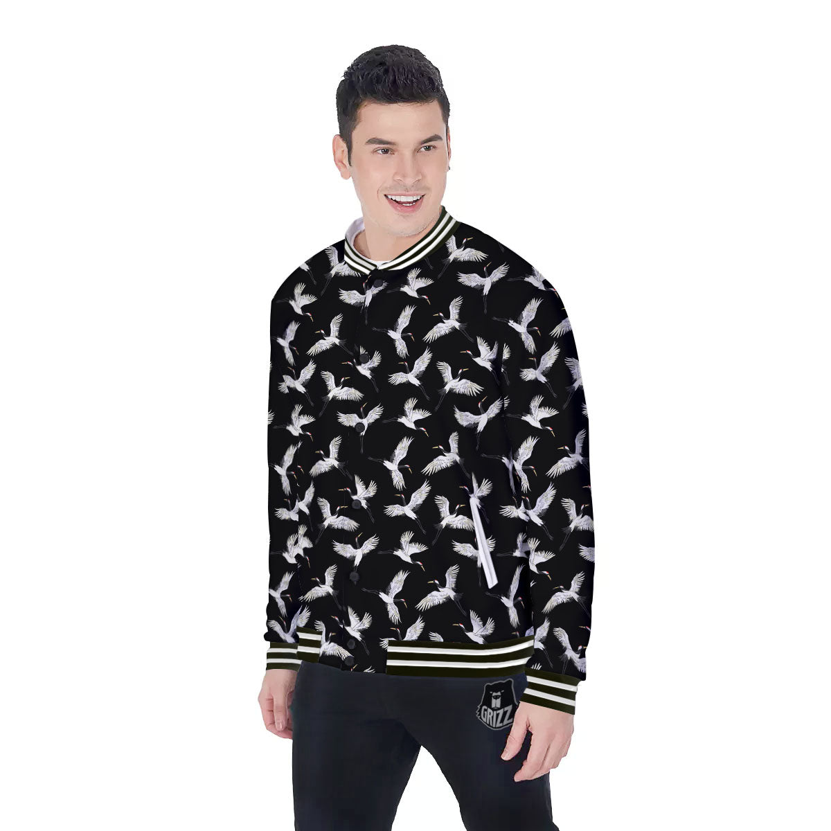 Crane Bird Flying Print Pattern Baseball Jacket-grizzshop