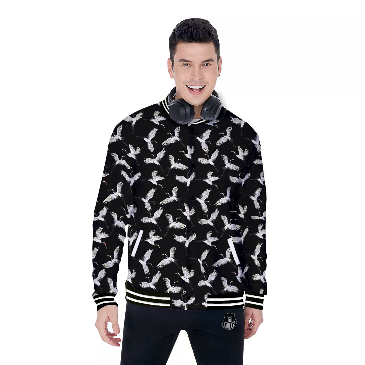 Crane Bird Flying Print Pattern Baseball Jacket-grizzshop