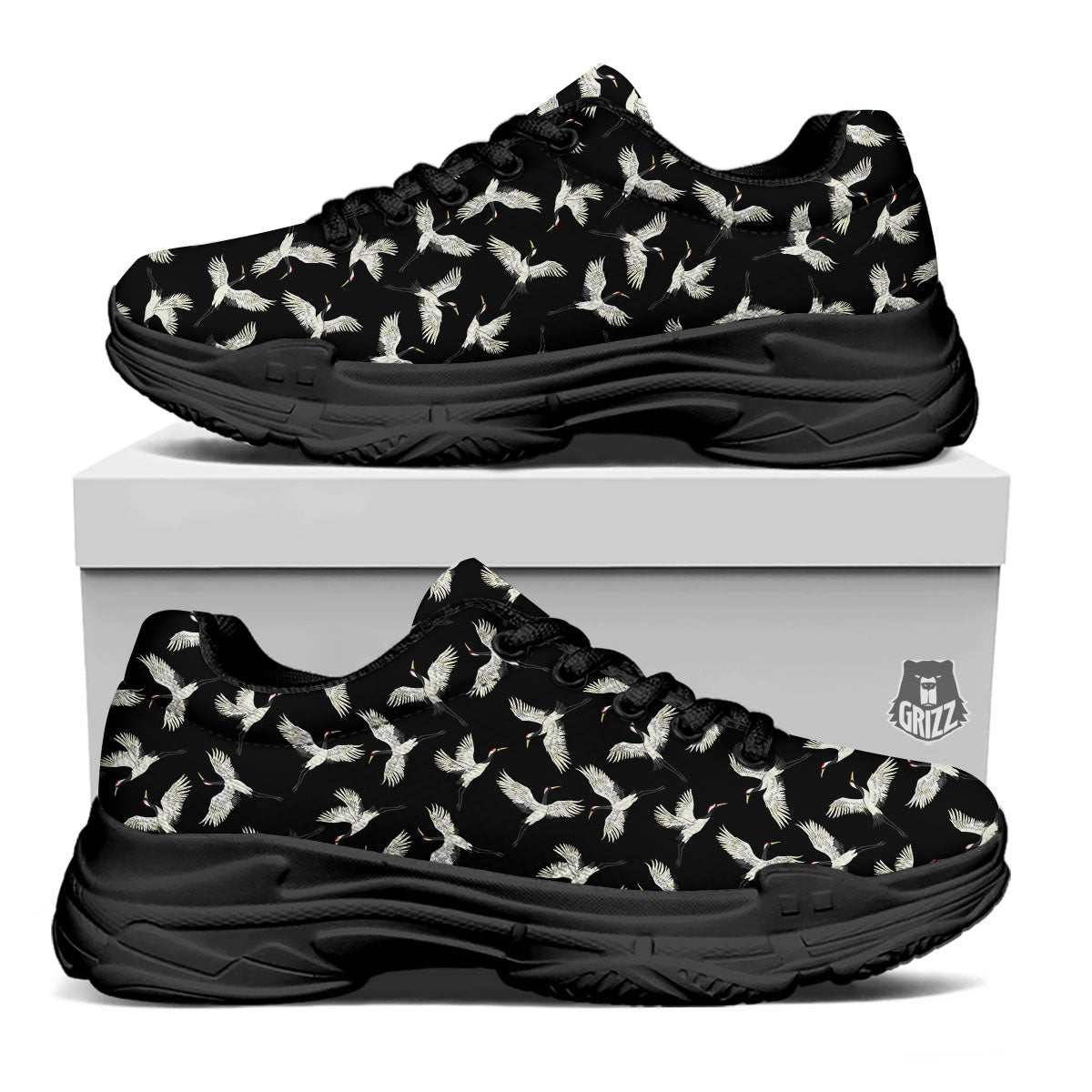 Crane Bird Flying Print Pattern Black Chunky Shoes-grizzshop