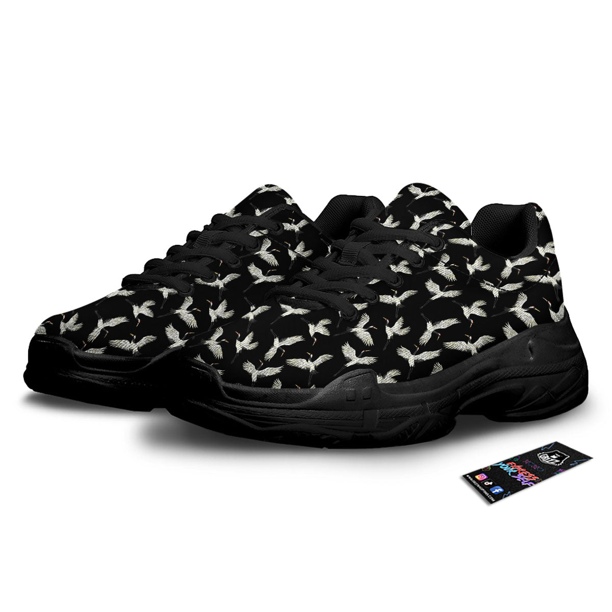 Crane Bird Flying Print Pattern Black Chunky Shoes-grizzshop