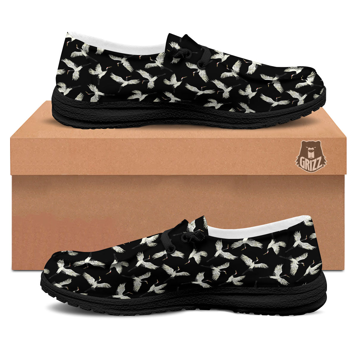 Crane Bird Flying Print Pattern Black Loafers-grizzshop