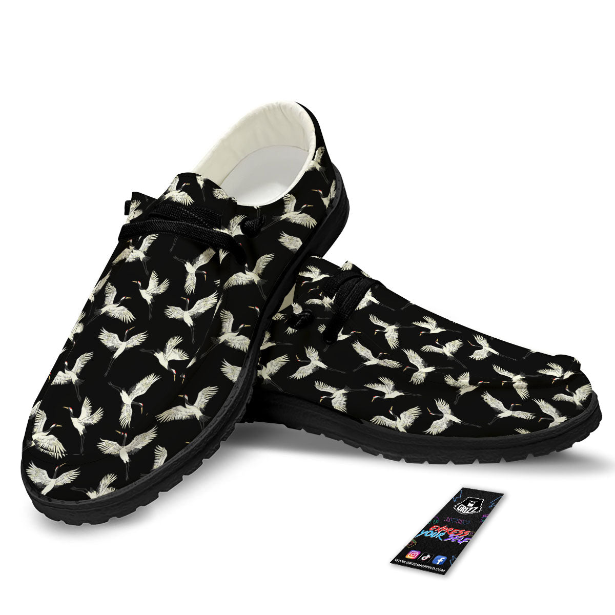 Crane Bird Flying Print Pattern Black Loafers-grizzshop