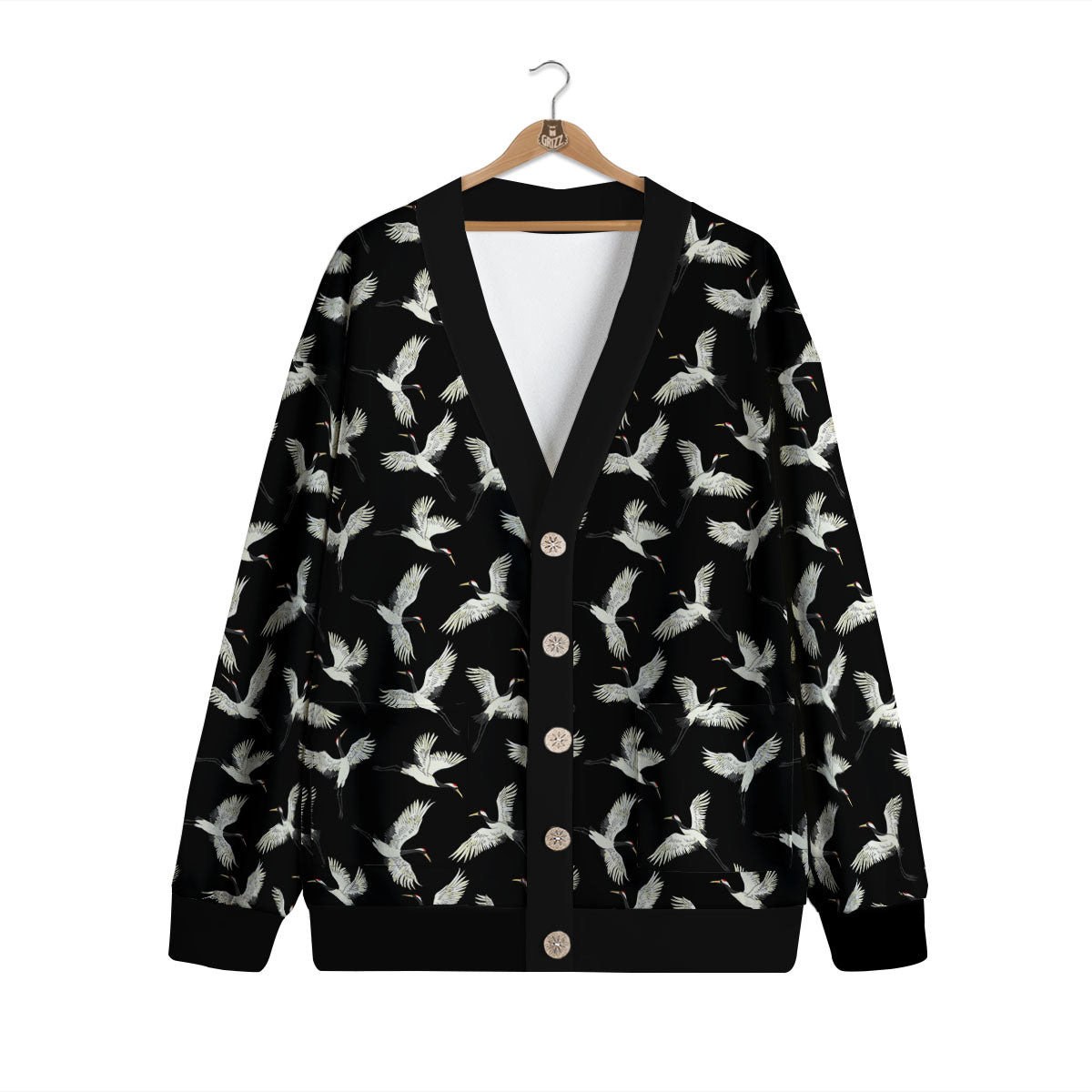 Crane Bird Flying Print Pattern Cardigan-grizzshop