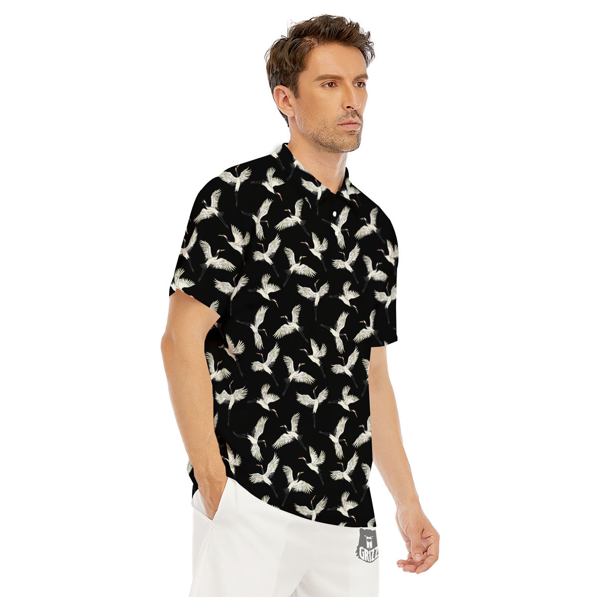 Crane Bird Flying Print Pattern Men's Golf Shirts-grizzshop