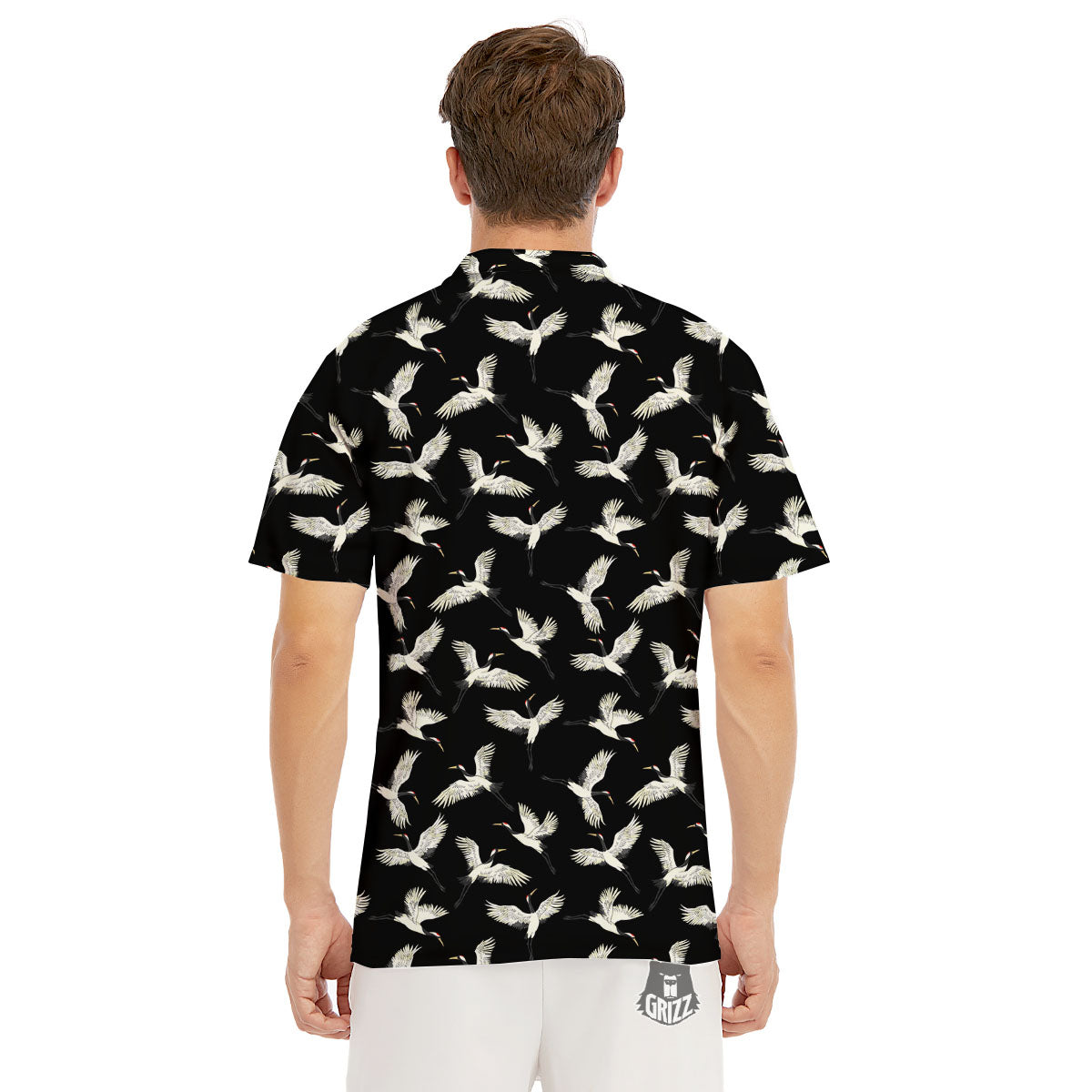 Crane Bird Flying Print Pattern Men's Golf Shirts-grizzshop
