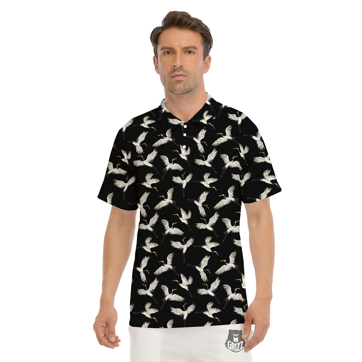 Crane Bird Flying Print Pattern Men's Golf Shirts-grizzshop