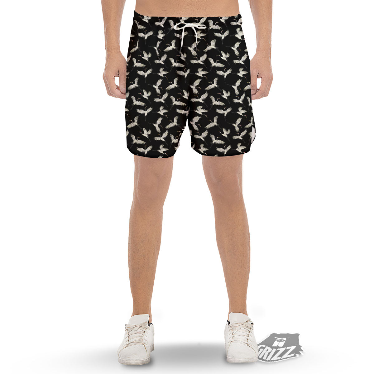 Crane Bird Flying Print Pattern Men's Gym Shorts-grizzshop