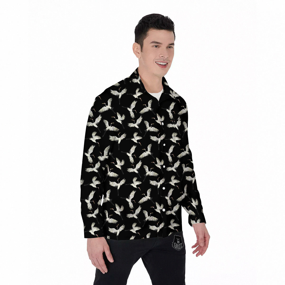 Crane Bird Flying Print Pattern Men's Long Sleeve Shirts-grizzshop