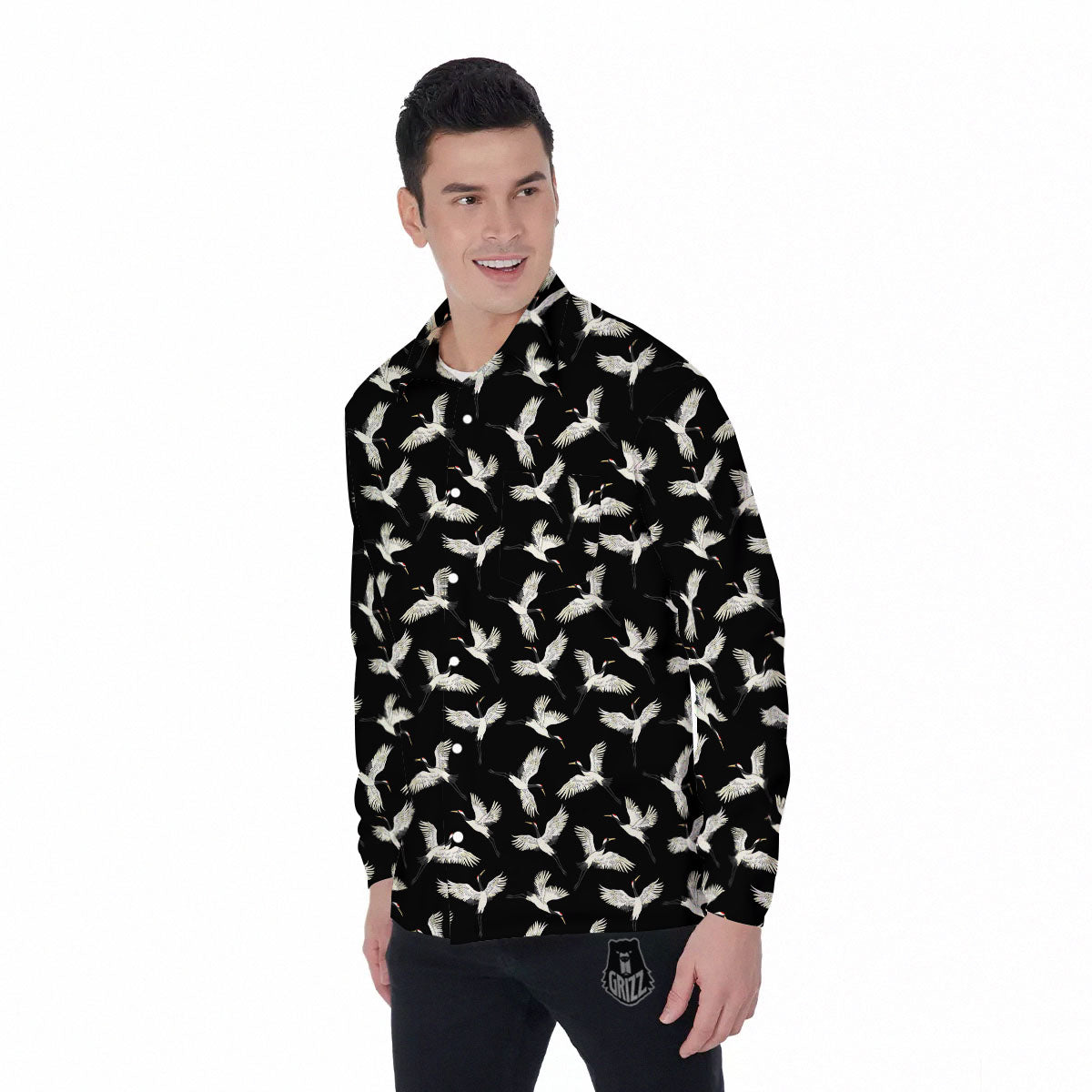 Crane Bird Flying Print Pattern Men's Long Sleeve Shirts-grizzshop