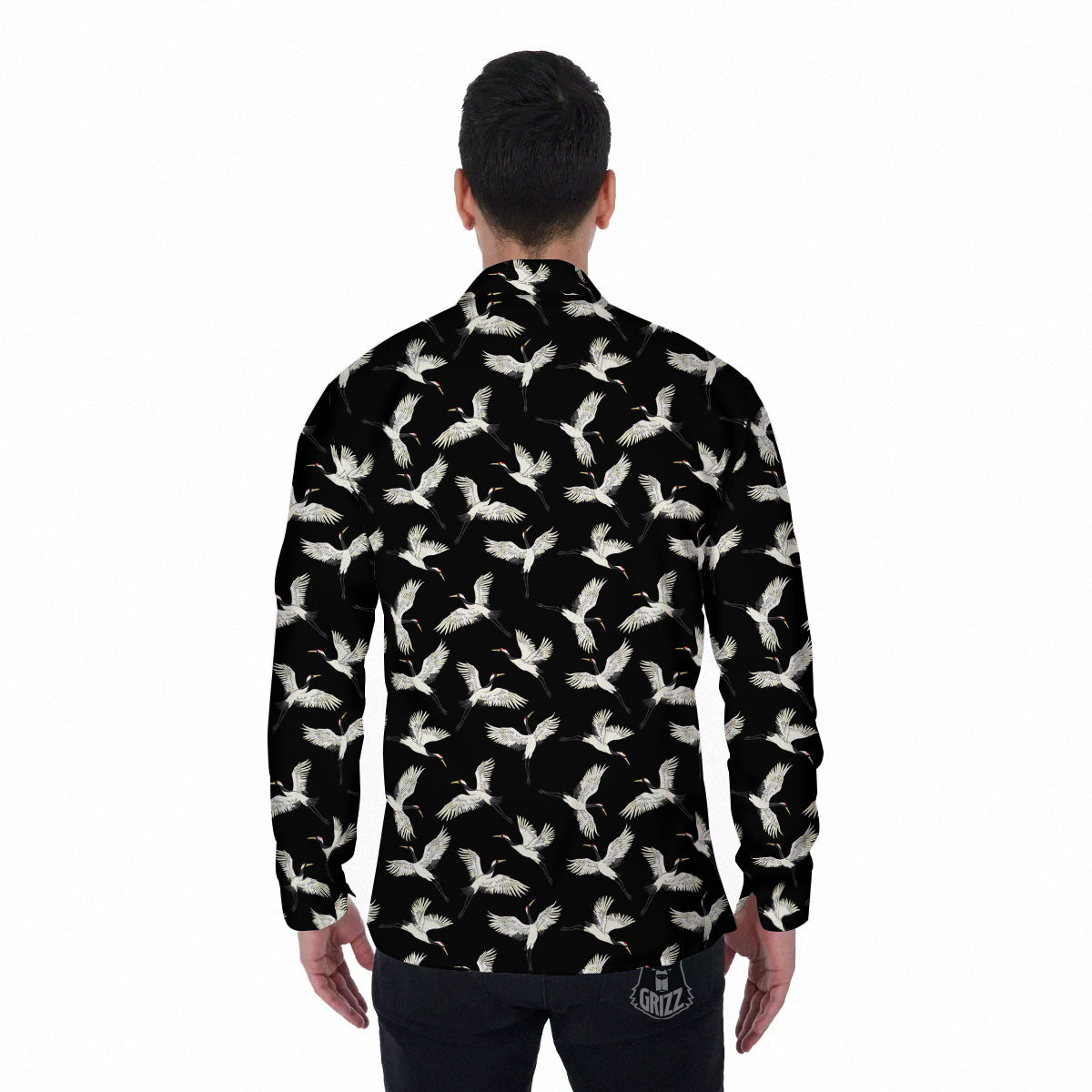 Crane Bird Flying Print Pattern Men's Long Sleeve Shirts-grizzshop