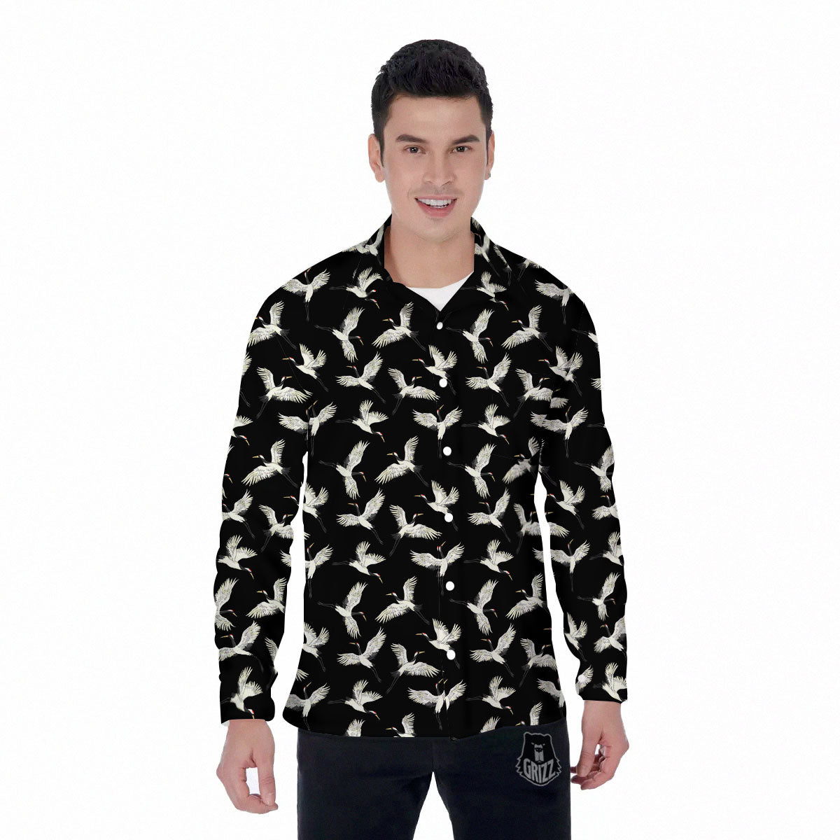 Crane Bird Flying Print Pattern Men's Long Sleeve Shirts-grizzshop