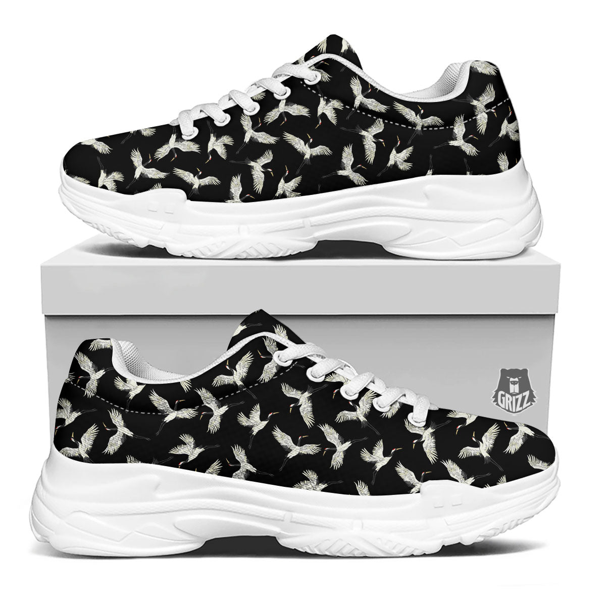 Crane Bird Flying Print Pattern White Chunky Shoes-grizzshop