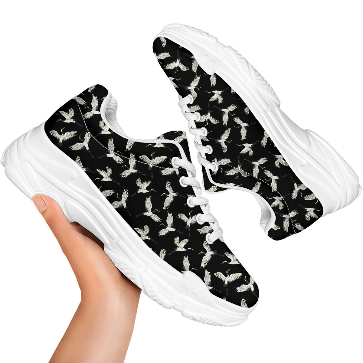 Crane Bird Flying Print Pattern White Chunky Shoes-grizzshop