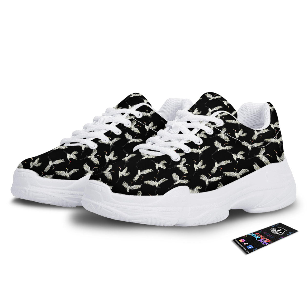 Crane Bird Flying Print Pattern White Chunky Shoes-grizzshop