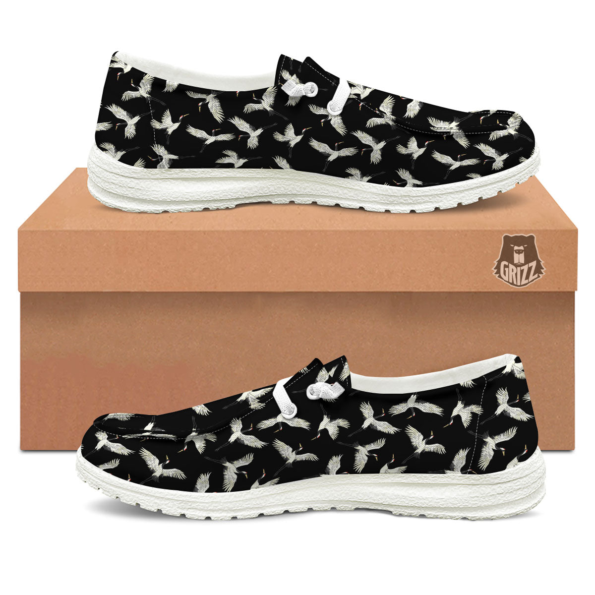 Crane Bird Flying Print Pattern White Loafers-grizzshop