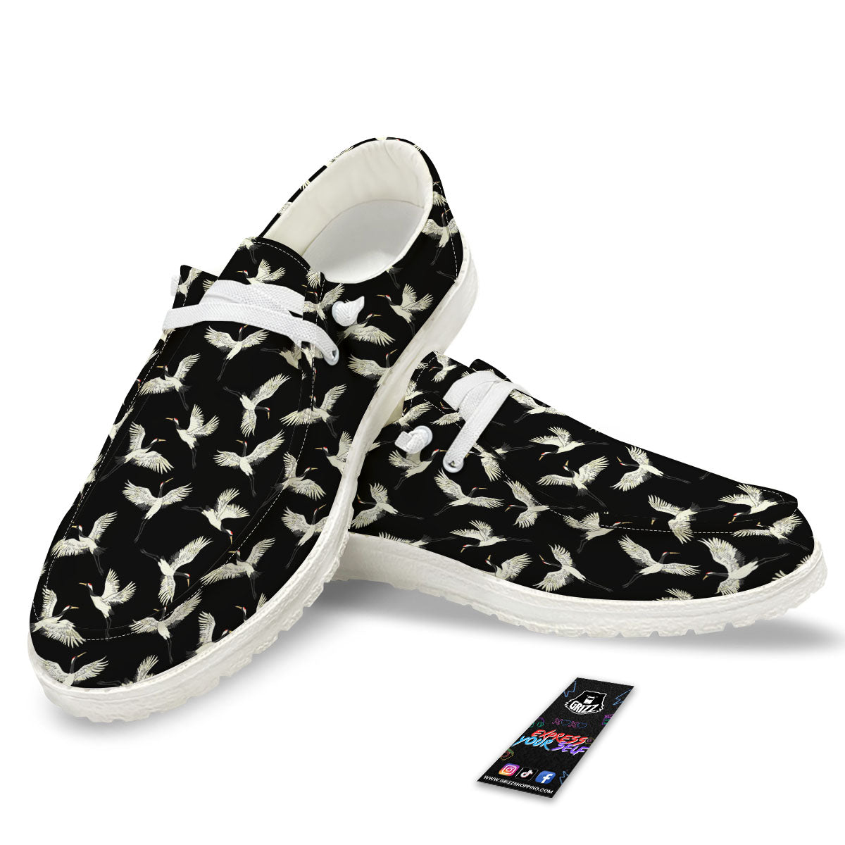 Crane Bird Flying Print Pattern White Loafers-grizzshop