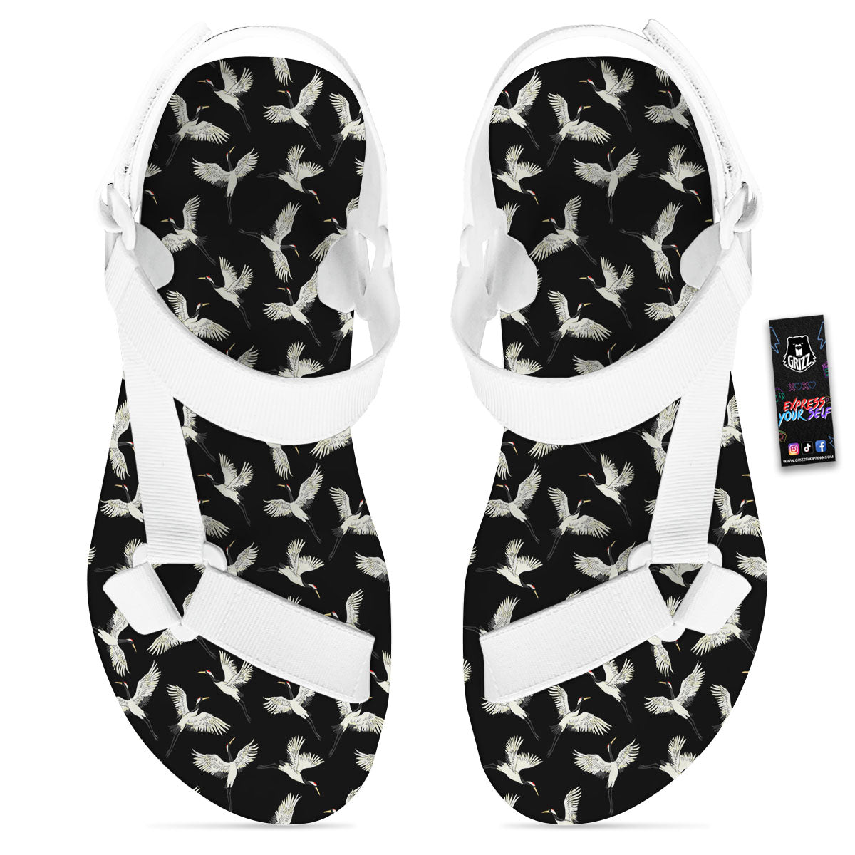 Crane Bird Flying Print Pattern White Open Toe Sandals-grizzshop