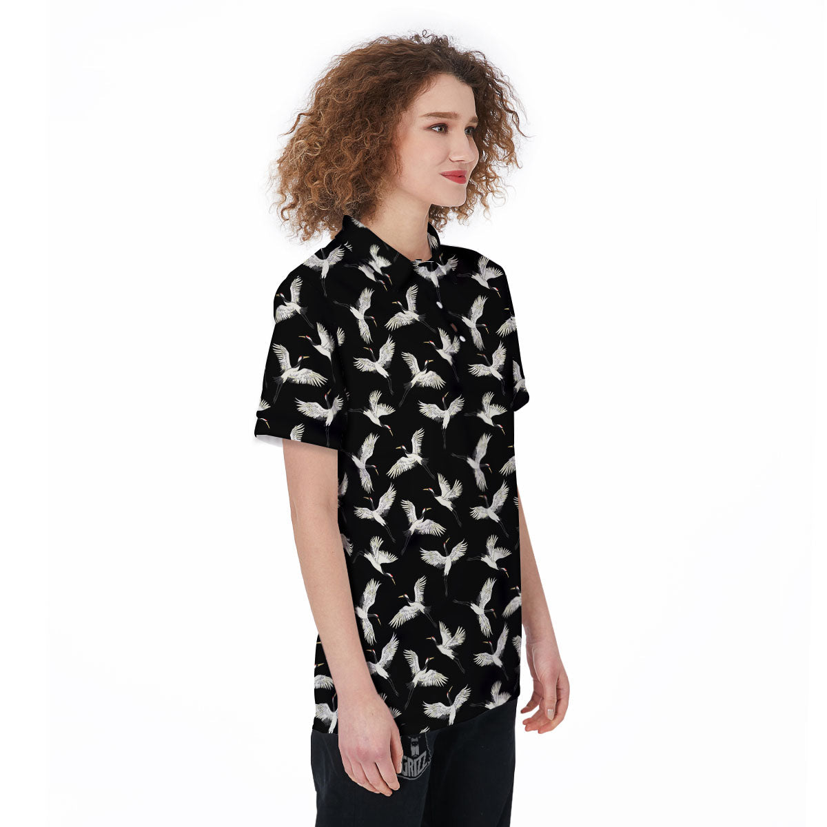 Crane Bird Flying Print Pattern Women's Golf Shirts-grizzshop