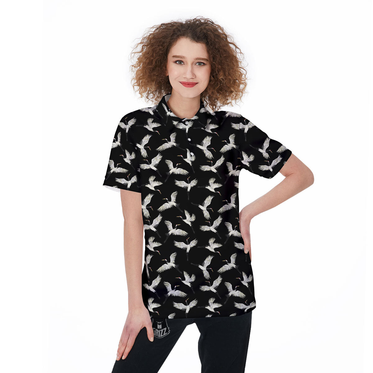 Crane Bird Flying Print Pattern Women's Golf Shirts-grizzshop