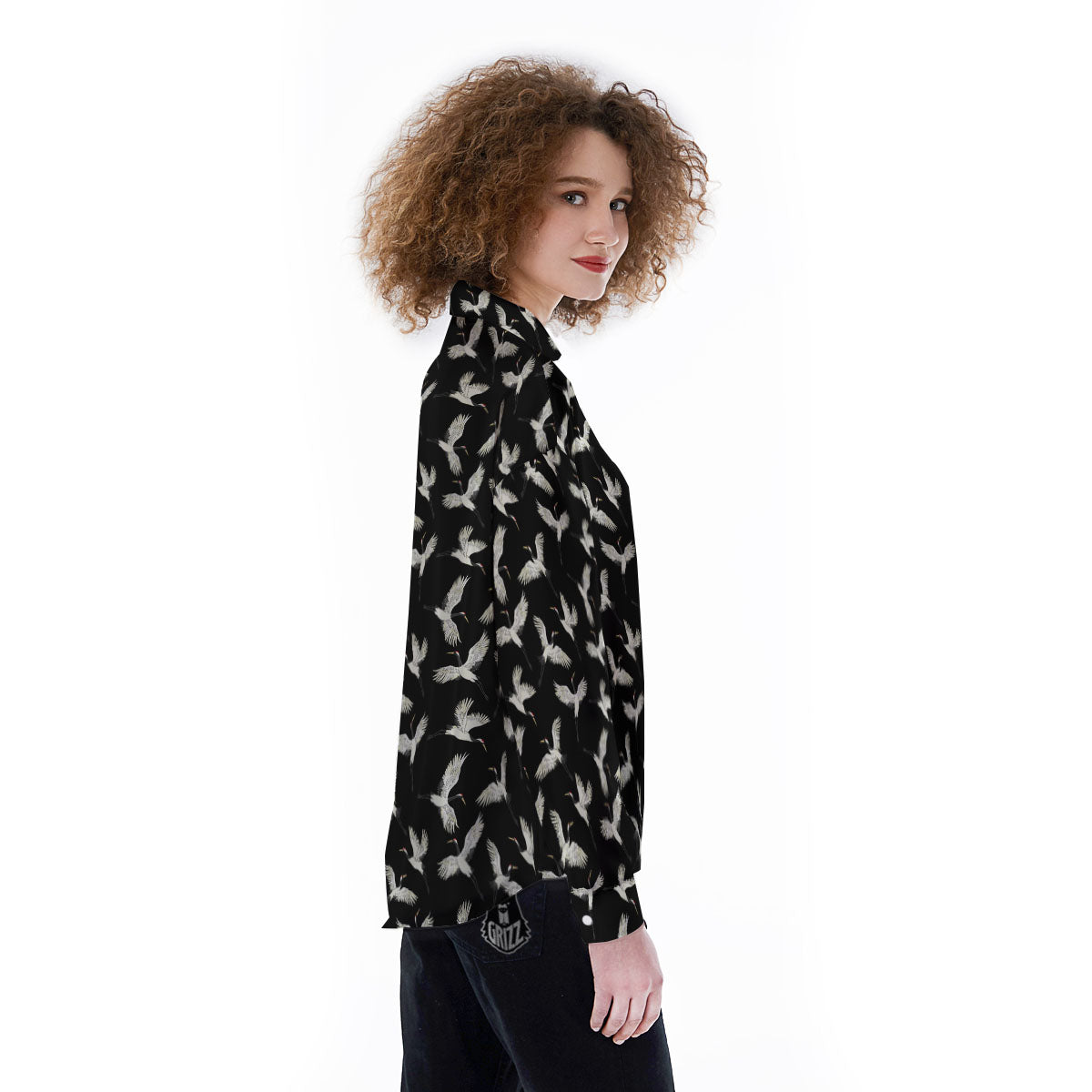 Crane Bird Flying Print Pattern Women's Long Sleeve Shirts-grizzshop