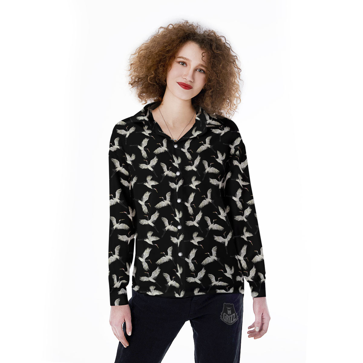 Crane Bird Flying Print Pattern Women's Long Sleeve Shirts-grizzshop