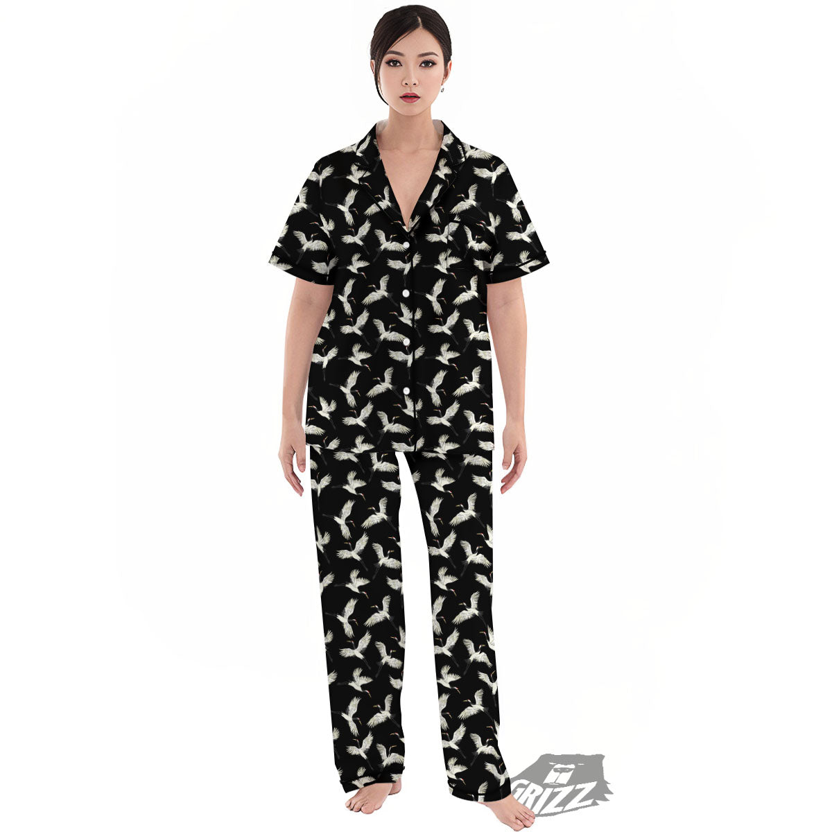 Crane Bird Flying Print Pattern Women's Pajamas Set-grizzshop