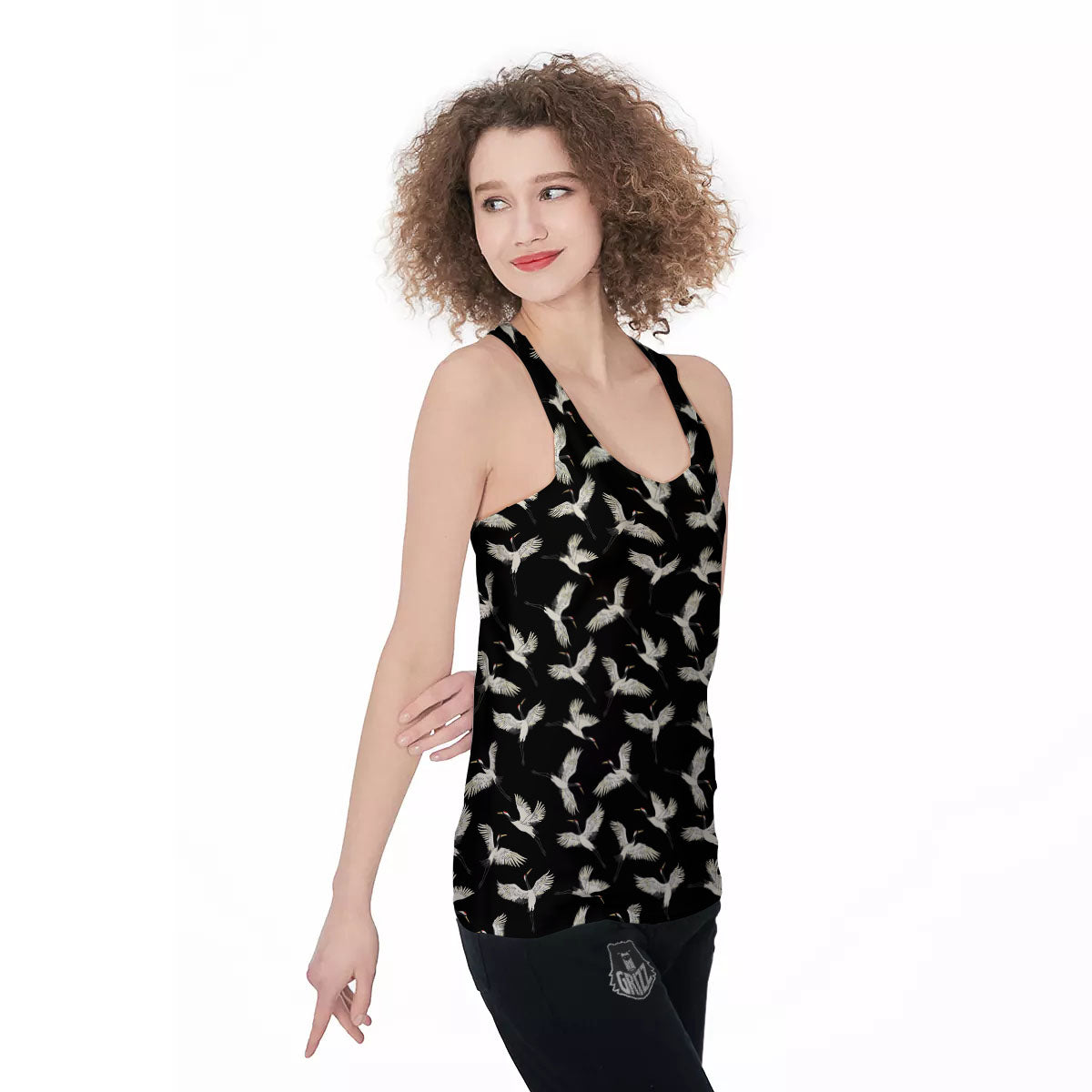 Crane Bird Flying Print Pattern Women's Racerback Tank Top-grizzshop