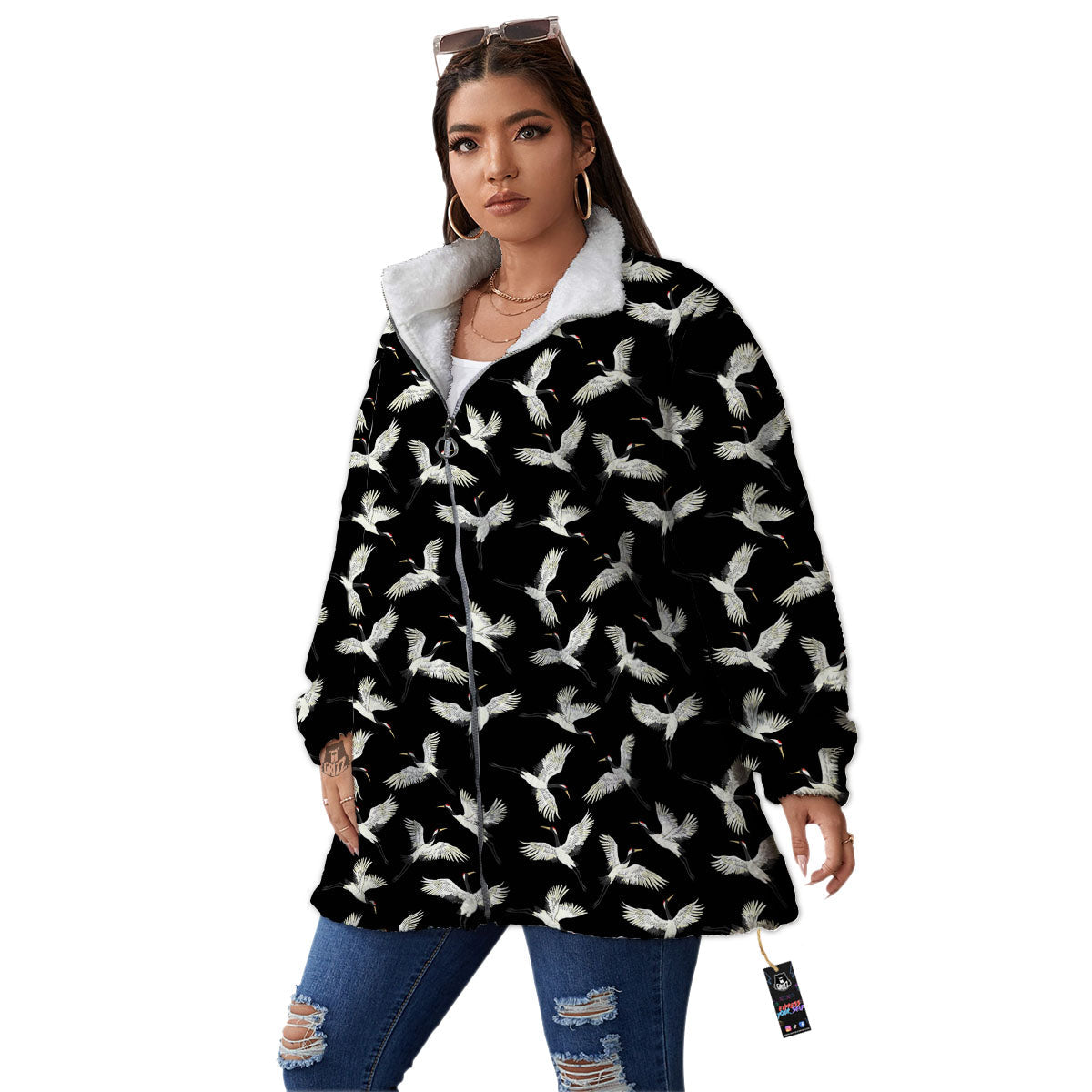 Crane Bird Flying Print Pattern Women's Sherpa Jacket-grizzshop