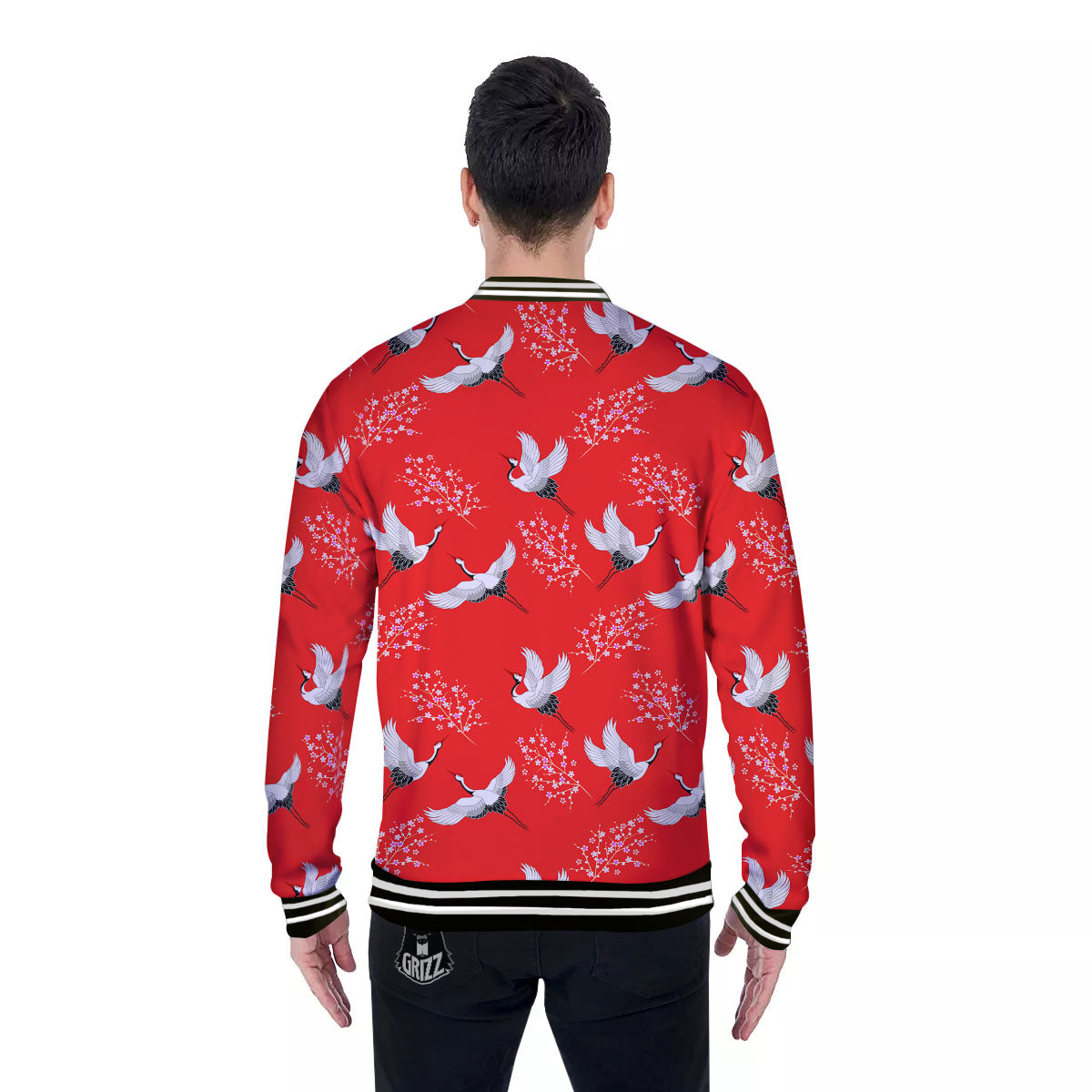 Crane Bird Japanese Print Pattern Baseball Jacket-grizzshop