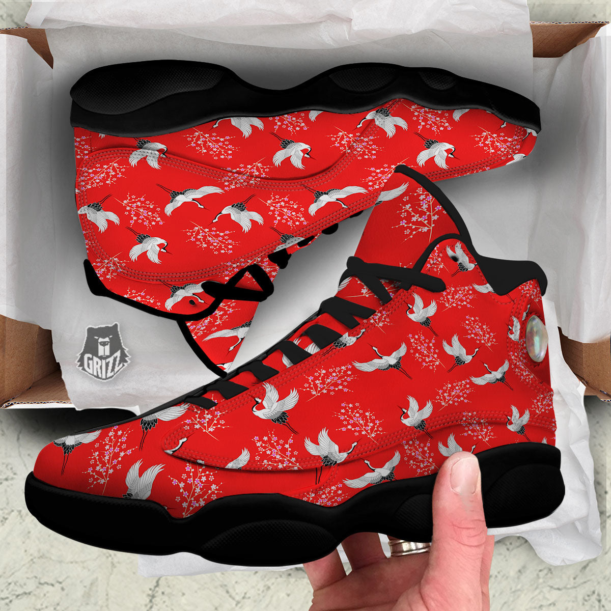 Crane Bird Japanese Print Pattern Black Basketball Shoes-grizzshop