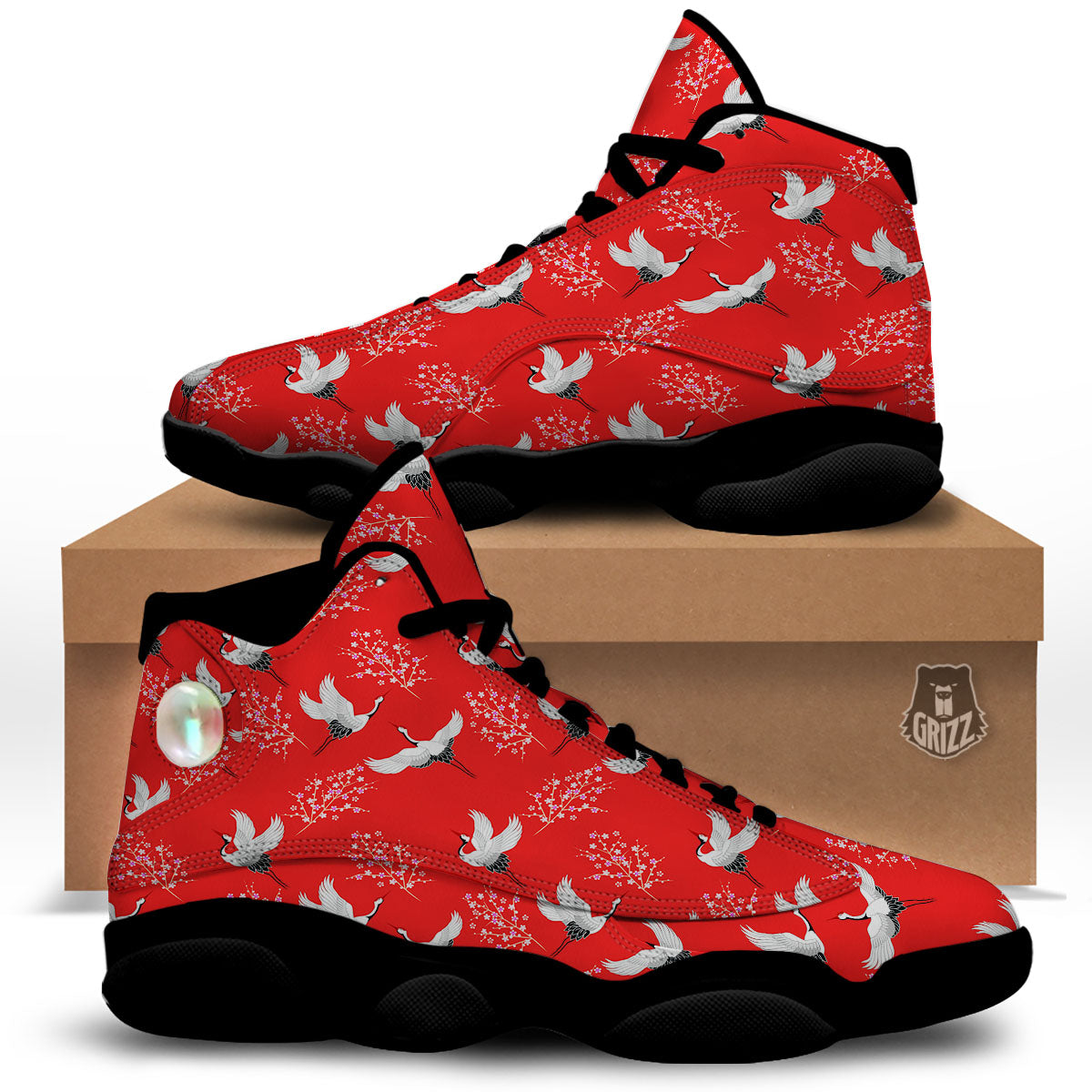Crane Bird Japanese Print Pattern Black Basketball Shoes-grizzshop