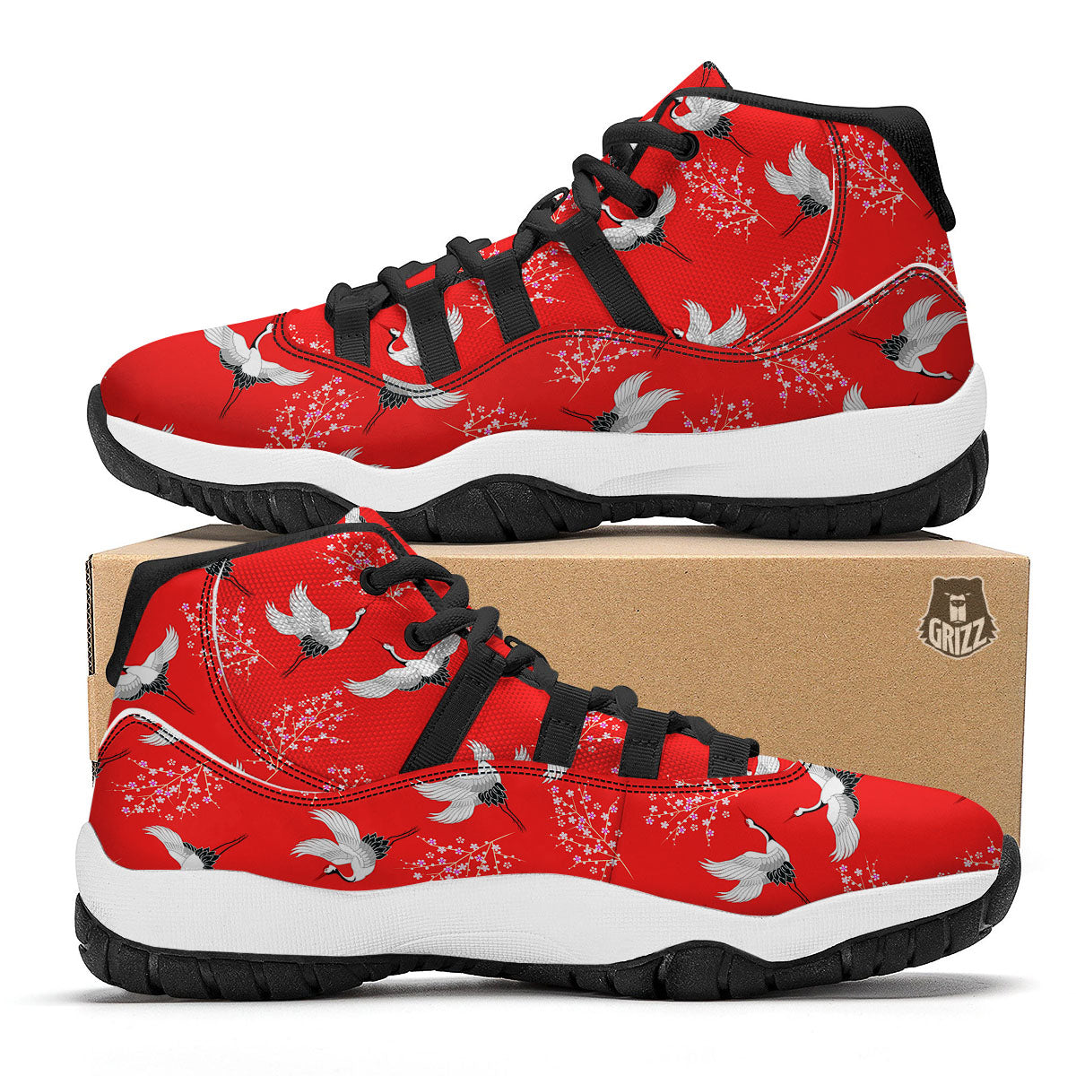 Crane Bird Japanese Print Pattern Black Bball Shoes-grizzshop