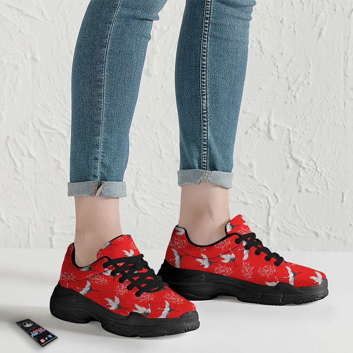 Crane Bird Japanese Print Pattern Black Chunky Shoes-grizzshop