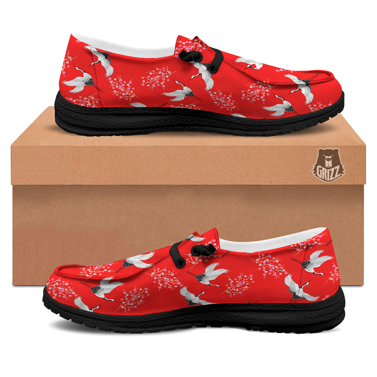 Crane Bird Japanese Print Pattern Black Loafers-grizzshop