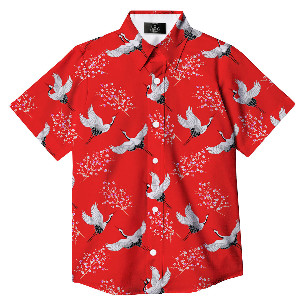 Crane Bird Japanese Print Pattern Button Up Shirt-grizzshop