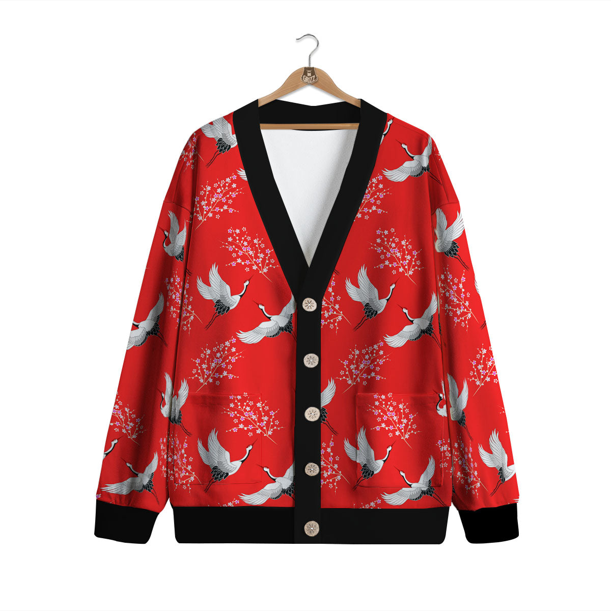 Crane Bird Japanese Print Pattern Cardigan-grizzshop